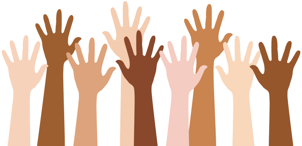 raised hands, different races